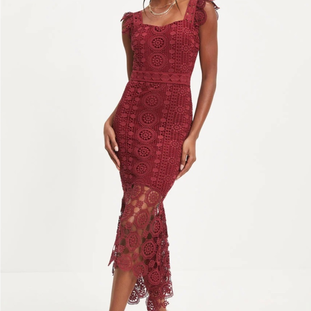 Vici wine maroon crochet dress midi